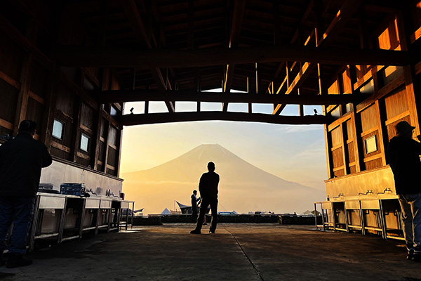 ふもとっぱらの炊事棟からにた早朝の富士山